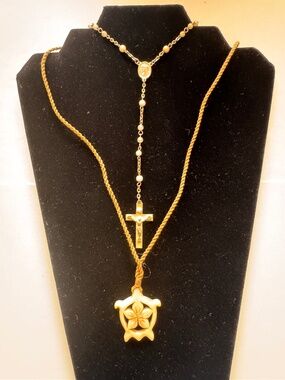 2 pcs Necklace Set Rosary Cross Beaded Chain Turtle Pendant Boho Jewelry